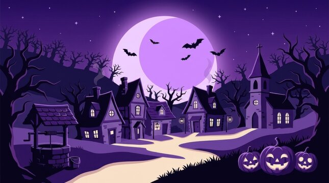 Spooky pixel art village landscape featuring a giant full moon and glowing jack o lanterns for halloween night
