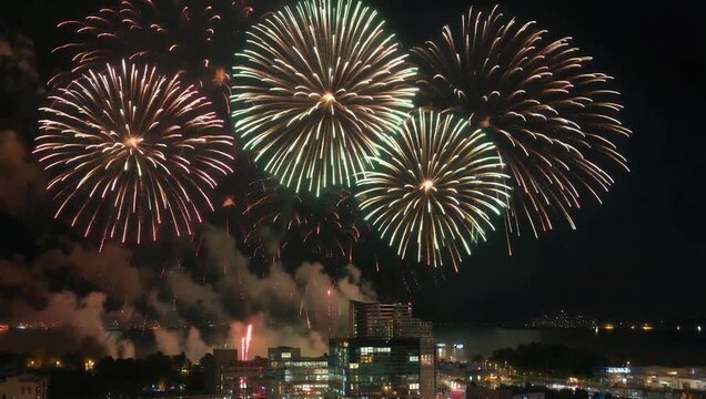 Vibrant multi-colored fireworks bursting over the water during a cultural tourism celebration in Donggang Dalian illuminating the night sky
