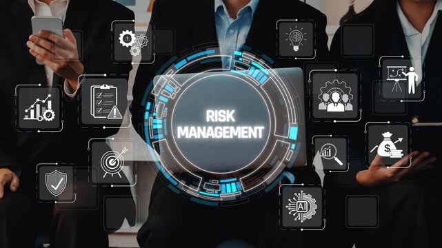 Professional individuals engaged in risk management discussion with digital interfaces showcasing strategy, analysis, and technology in a modern corporate environment Sigmoid