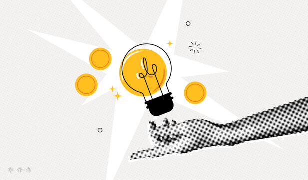 Trendy Halftone Collage Hand with Lightbulb and Coins. Smart investment. Business idea and innovation. Financial planning. Save money. Contemporary vector illustration art