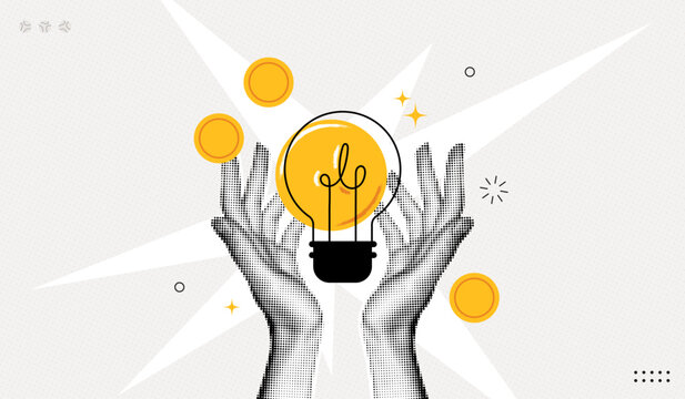 Trendy Halftone Collage Two Hands with Lightbulb and Coins. Smart investment. Business idea and innovation. Financial planning. Save money. Contemporary vector illustration art