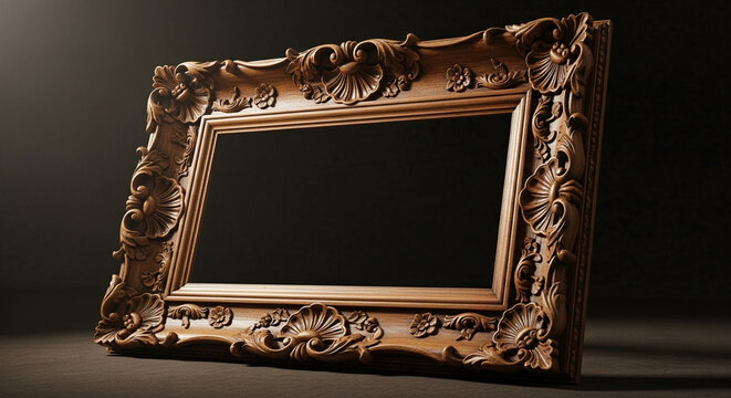 An ornate wooden picture frame featuring intricate carvings rests upon a dark surface while soft lighting highlights the rich texture of the vintage material that embodies timeless artistic