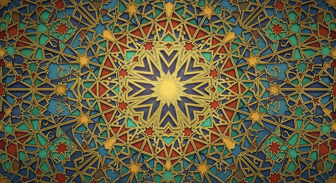 Intricate layers of gold filigree create a mesmerizing depth within this traditional geometric pattern inspired by ancient Middle Eastern artistic expressions for grand architectural interior