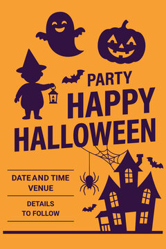 Halloween party invitation template with witch, ghost, pumpkin, spider, haunted house and bats on orange background