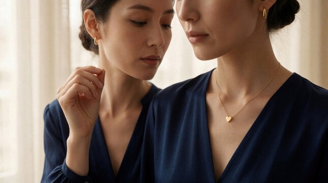 Two elegant women pose indoors, one adjusting a delicate gold necklace with a heart pendant. Soft natural light illuminates their refined style and subtle luxury.