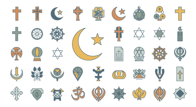 A comprehensive collection of diverse religious symbols and icons representing various faiths and spiritual traditions from around the world.