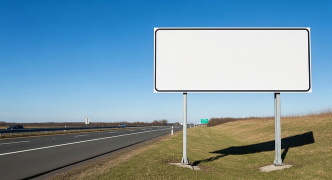 A large empty rectangular road sign stands beside a busy highway under a bright clear blue sky during the daytime, waiting for your custom message to be displayed for all passing motorists today