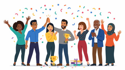 Obraz premium Teamwork and Celebration: A diverse group of happy people celebrating a success, with confetti falling around them, holding trophies, and giving high fives.