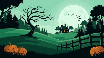 Spooky halloween night landscape featuring a haunted house silhouettes of trees pumpkins and a glowing full moon