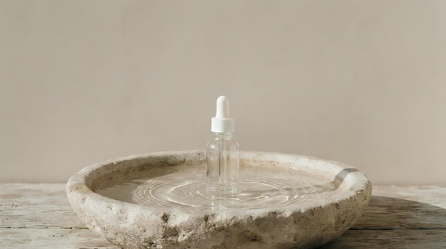 Transparent glass dropper bottle with white pump top sitting in rustic