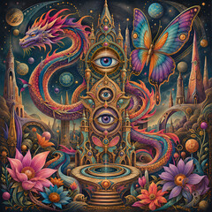 Fototapeta premium Celestial Dragon & Butterfly Sanctuary with Third Eye Sacred Geometry Temple