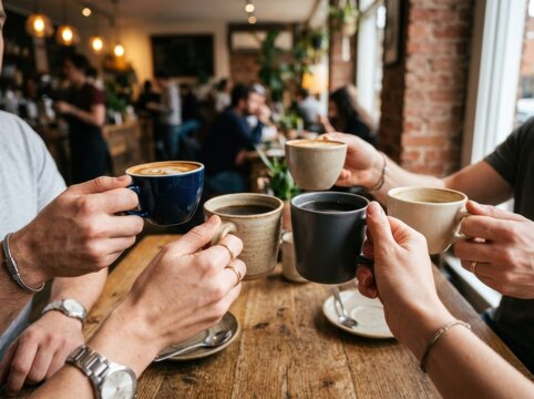 Friends Tosting Coffee Cups In A Cozy Cafe Gathering Celebrating Together