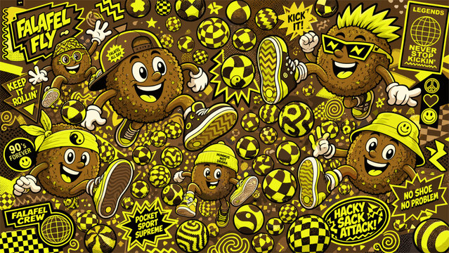 Urban Style Anthropomorphic Falafel Characters Playing Soccer and Hacky Sack in a Bold Yellow and Brown Vector Illustration for Middle Eastern Street Food Posters and Wall Decoration