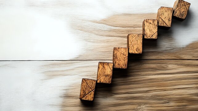 Wooden blocks arranged in ascending staircase pattern on natural wood
