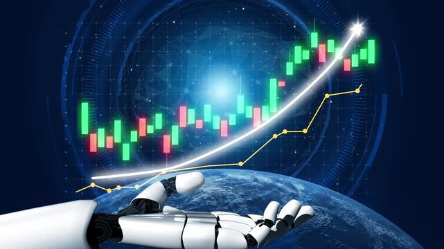 A futuristic robot hand presents a rising financial graph, symbolizing growth and success in the stock market. The digital elements highlight innovation and technology. Copula