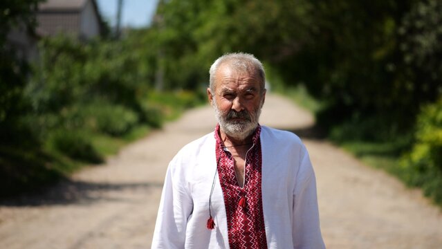 Elderly man wearing an embroidered shirt walking through rural road at sunny summer say. Senior male in traditional vyshyvanka going along country trail. Concept of national identity and patriotism