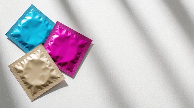 Three colorful condom packets lie on white textured surface. Blue pink, gold foil wrappers for contraception, safe sex. Minimalist composition with large copy space, soft shadows. Concept of sexual
