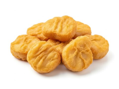 A pile of delicious golden fried chicken nuggets on a white background