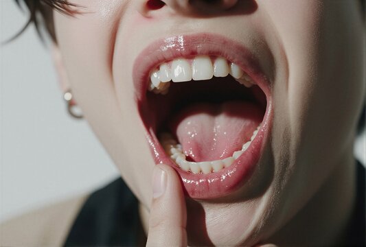A close-up shot of a person's open mouth, revealing a vibrant display of teeth and tongue.
