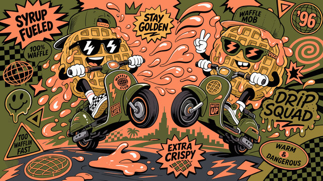 Waffle Characters Riding Scooters in a Vibrant Street Art Style, Fun Breakfast Food Vector Illustration for Cafe Posters, Kitchen Wall Art, and Playful Morning Meal Decor and Branding