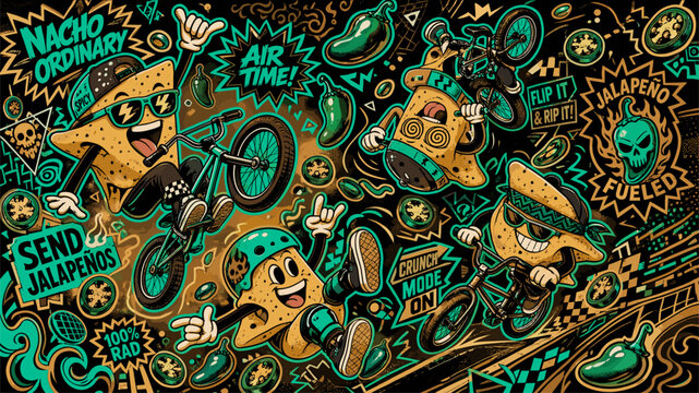 Extreme Nacho and Jalapeno Characters Riding Bicycles in a Radical Street Style, Colorful Mexican Snack Food Vector for Party Posters, Kitchen Decor, and Fun Foodie Branding Art