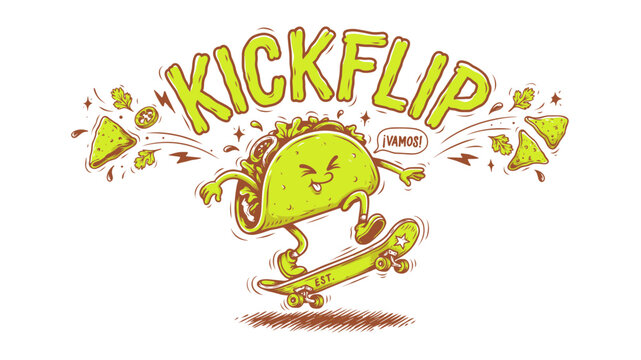 Playful Illustration of a Smiling Anthropomorphic Taco Performing a Kickflip on a Skateboard with Flying Lime Slices and Cilantro for Mexican Fast Food Branding and Wall Art