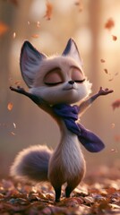 Naklejka premium A fox character with expressive eyes enjoys the colorful leaves falling around. The warm light adds charm to the scene.