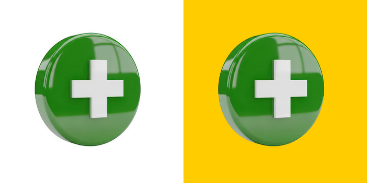 3D glossy green circle icon with white plus sign symbol