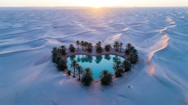 Stunning heart shaped oasis surrounded by palm trees in the vast sand dunes of the desert at sunset