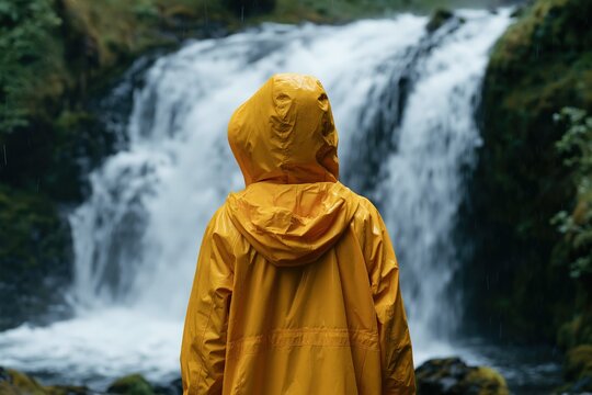 Yellow Raincoat by the Waterfall