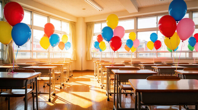 Empty classroom decorated with colorful balloons, sunlight streams through windows onto desks. Festive atmosphere awaits students for celebration or party event, cheerful learning space.