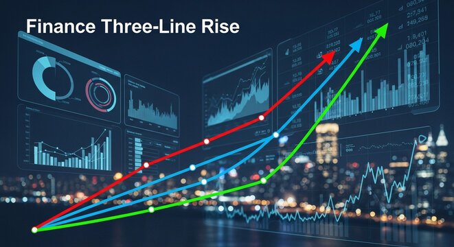 Dynamic digital interface displays three upward climbing financial trend trajectories superimposed across a glowing urban metropolitan horizon to represent significant economic progress