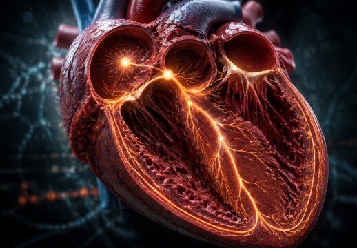 Medical concept showing cardiac tissue with natural electrical impulses in dark laboratory