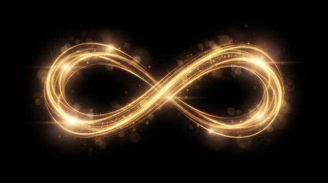 Abstract infinity symbol glowing golden light on black background with infinity abstract particles