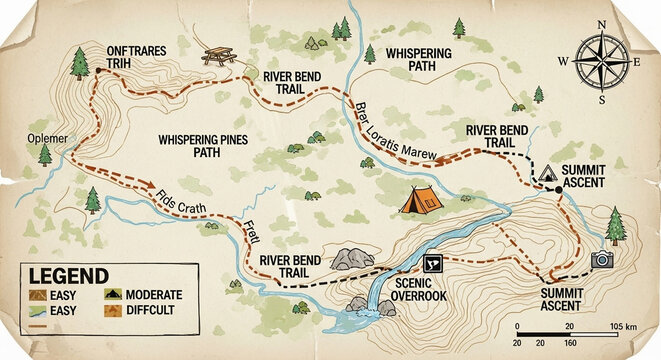 An aged parchment displays a detailed recreational route map featuring various wilderness pathways through mountain terrain alongside a camping area and compass orientation markers for outdoor