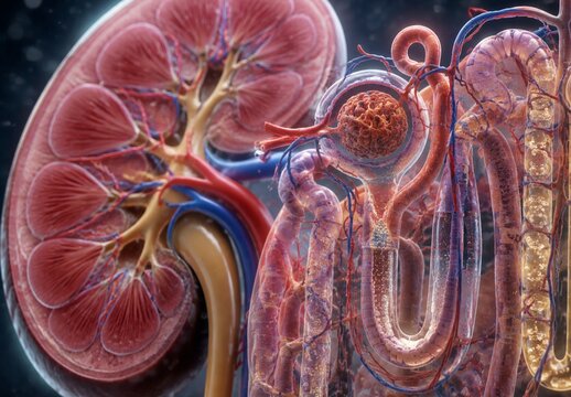 Microscopic view of healthy human kidney nephrons filtering fluid with glowing cellular details