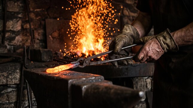 Blacksmith working on glowing hot metal at an anvil in a forge with blacksmith craftsmanship smithing