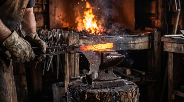Blacksmith forging glowing hot metal on an anvil in a workshop with blacksmith metalwork workshop
