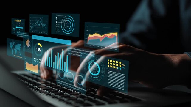Hands Engaged with Modern Technology and Data Visualization on Laptop with Interactive Graphs and Digital Interfaces in Dark Environment. Entropy.