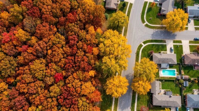 Aerial view of a suburban neighborhood edge meeting a vibrant autumn forest with colorful fall foliage