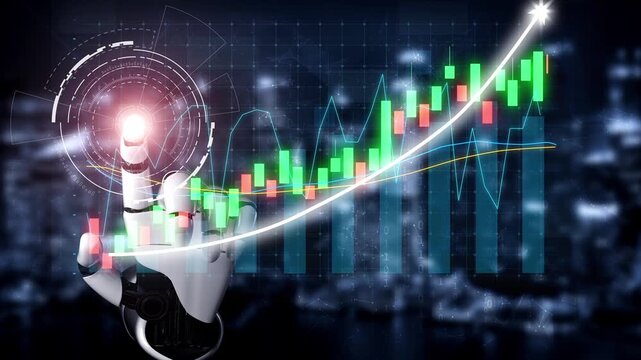 A high-tech robotic hand interacts with a vibrant digital chart, illustrating remarkable growth trends in finance and the transformative power of technology. Copula