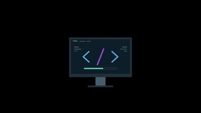 2D Motion Graphics Animation of Coding Symbol and Progress Bar on Desktop Computer Screen