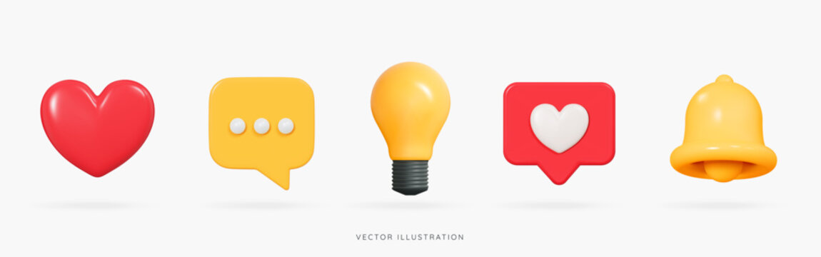 3D Social media emoji icon set. Speech bubble message, notification bell and lightbulb. Heart or like reaction. Cartoon design web elements. Online communication. 3D Vector illustration