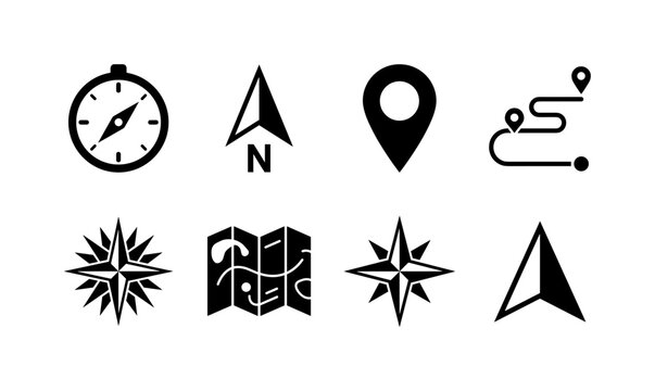 Compass Navigation Tools, solid glyph icon set featuring compass, north arrow, map pin, route line, wind rose, travel map and navigation star, covering travel, exploration, cartography, GPS, adventure