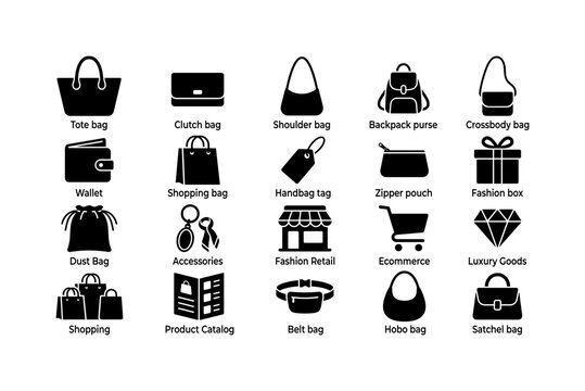 Handbag Fashion Collection, solid glyph icon set featuring tote bag, clutch, shoulder bag, backpack purse, crossbody bag, wallet, shopping bag, handbag tag, zipper pouch, fashion box, covering