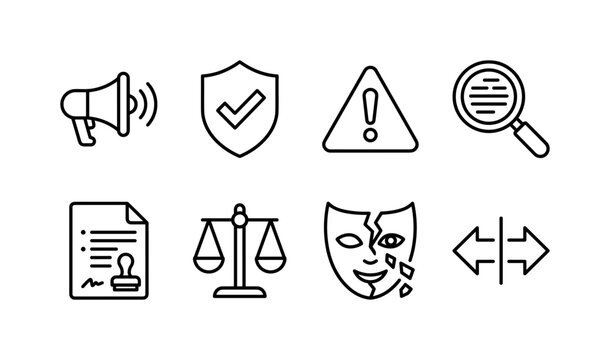 Myths Facts Comparison, line icon set featuring megaphone, checkmark shield, warning triangle, magnifier, evidence document, balance scale, broken mask and comparison arrows, covering myths versus