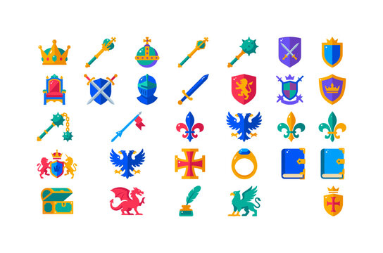 Knight Crown Symbols, bright flat vector icon set featuring sword, crown, knight helmet, heraldic shield, royal badge, medieval book, gem and authority emblem, covering medieval royalty, knights,