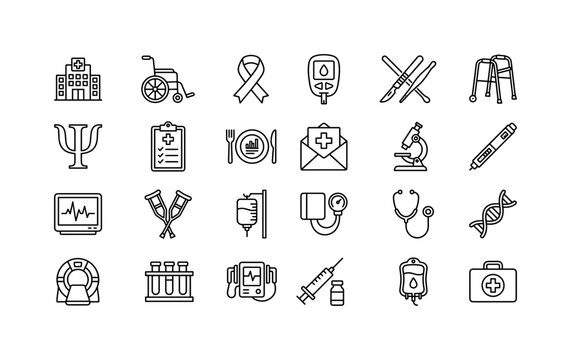 Advanced Medical Care, line icon set featuring hospital, wheelchair, oncology ribbon, glucose meter, surgery tools, rehabilitation aid, psychology symbol, medical record, diet plan, clinic mail,