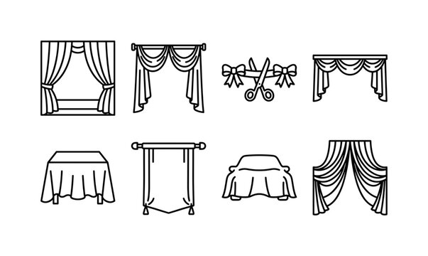 Curtain Reveal Elements, line icon set featuring stage curtain, draped fabric, reveal ribbon, theater valance, tablecloth, hanging cloth, presentation cover and event drapery, covering theater,