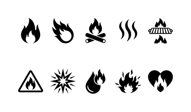 Fire Flame Collection, solid glyph icon set featuring flame, fireball, campfire, heat wave, grill flame, warning fire, energy spark, burning drop, explosion flame, passion symbol, covering energy,